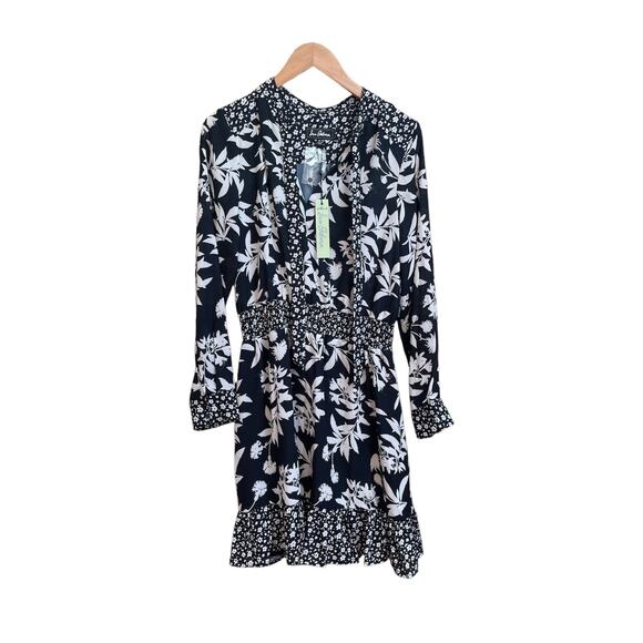 Sam Edelman Graphic Botanic Tie Neck Printed Dress Black/ White Size Medium - Picture 3 of 8
